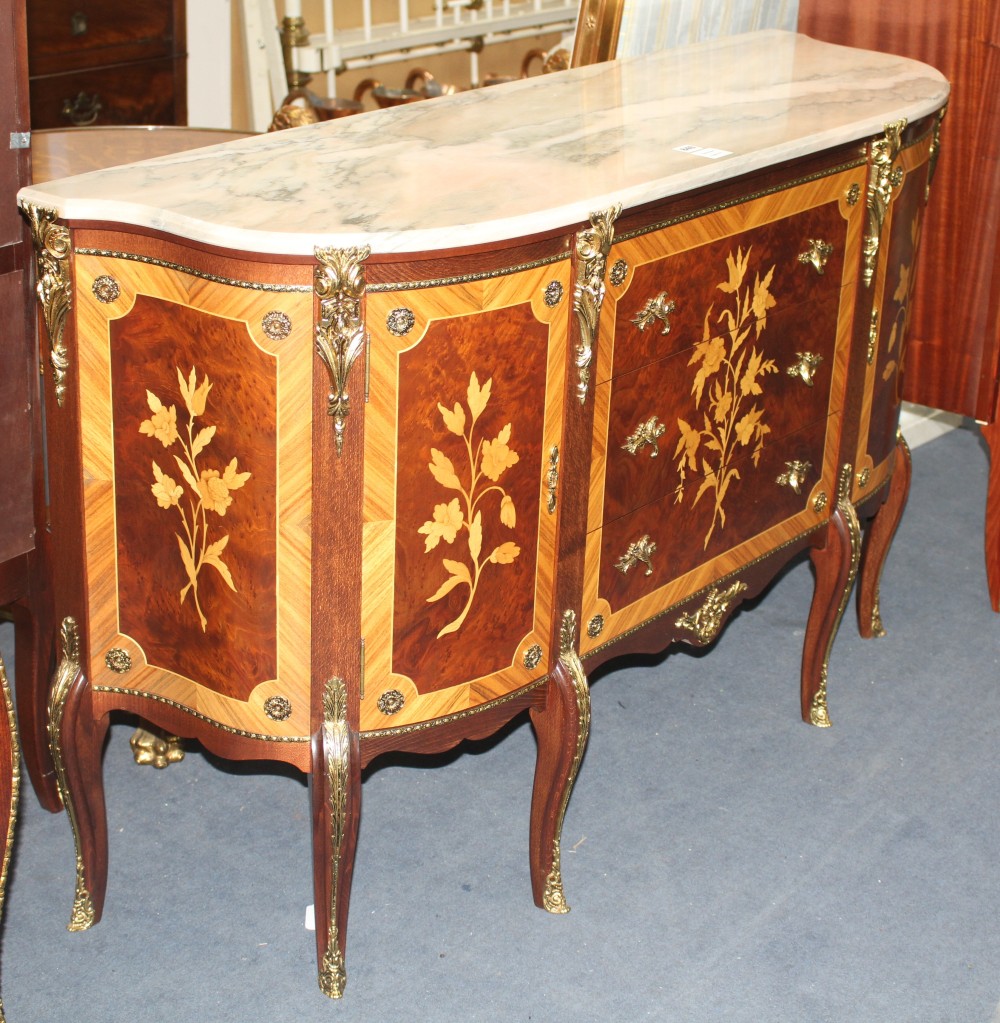 A Meuble Francais marquetry inlaid bowfront side cabinet, W.138cm D.42cm H.84cm